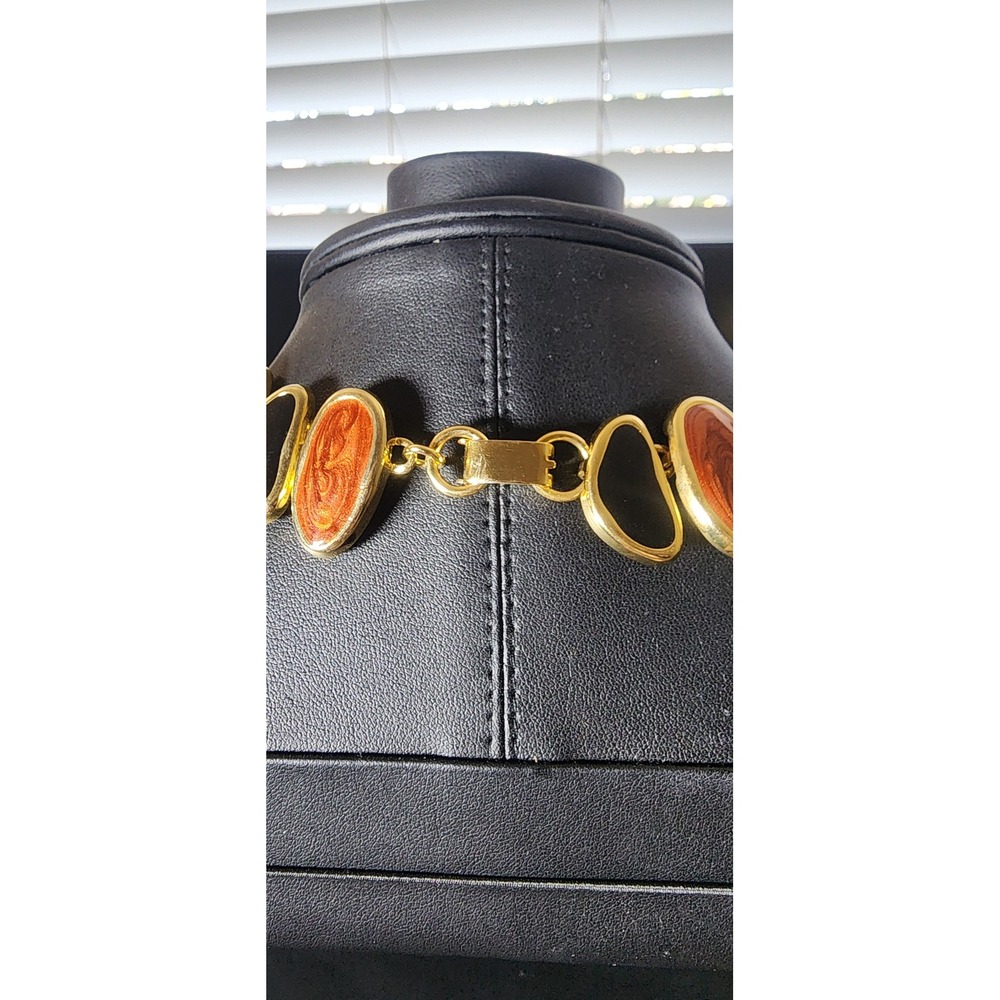 Vintage Gold Tone Enamel Pebble Link Collar Necklace Orange Amber Black - Picture 4 of 6